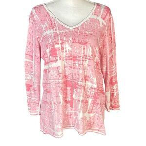 Habitat Clothes To Live In Top Size Large Pink White 3/4 Sleeves Abstract Artsy
